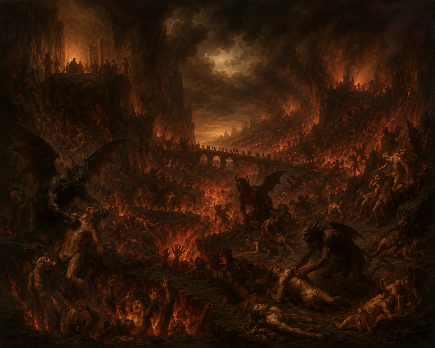 Terraces of fire and shadow stretch across a vast hellscape, demons and souls among the flames