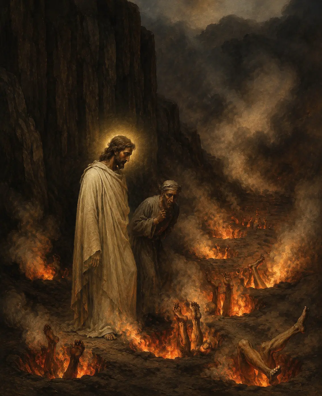 Christ in white robes gazes down upon souls in purifying flames, a faint halo illuminating the cavern