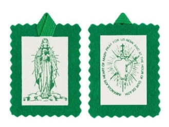 The Green Scapular — the Scapular of the Immaculate Heart of Mary, showing the Blessed Virgin on one side and the Sacred Heart on the reverse