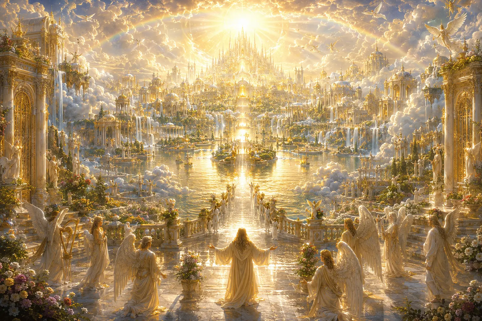 Christ with arms outstretched welcomes the blessed through a golden avenue of angels toward the celestial city of light