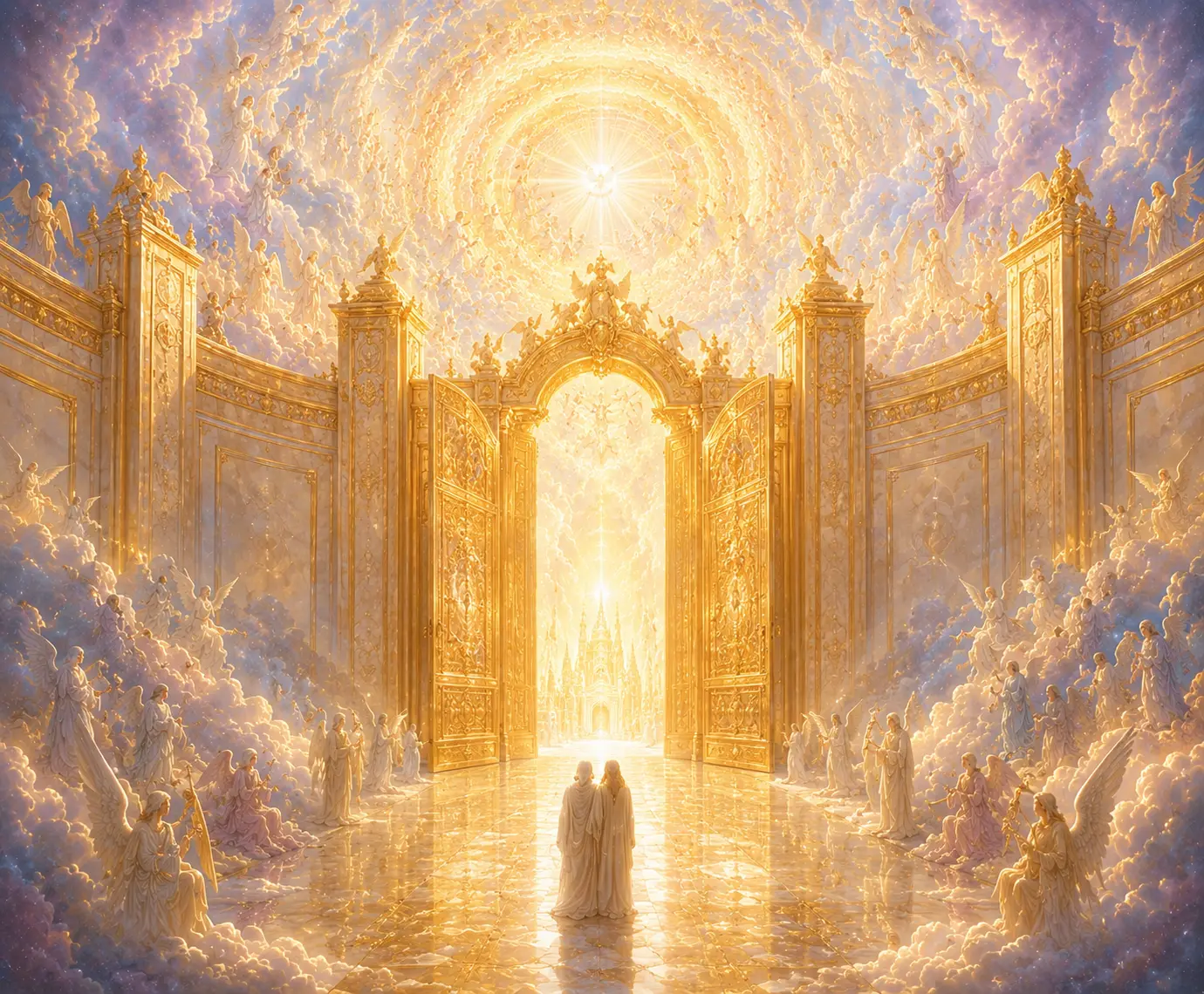 Two souls approach the great golden gates of Heaven, open and blazing with divine light under concentric celestial arches