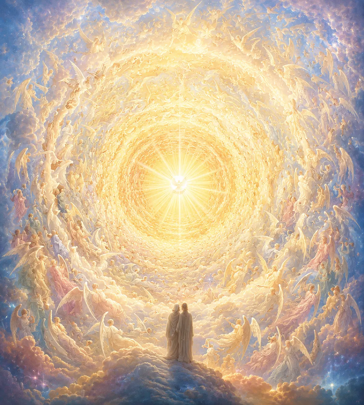 Two pilgrims gaze into the Empyrean — concentric rings of angels spiralling toward a central radiance beyond description