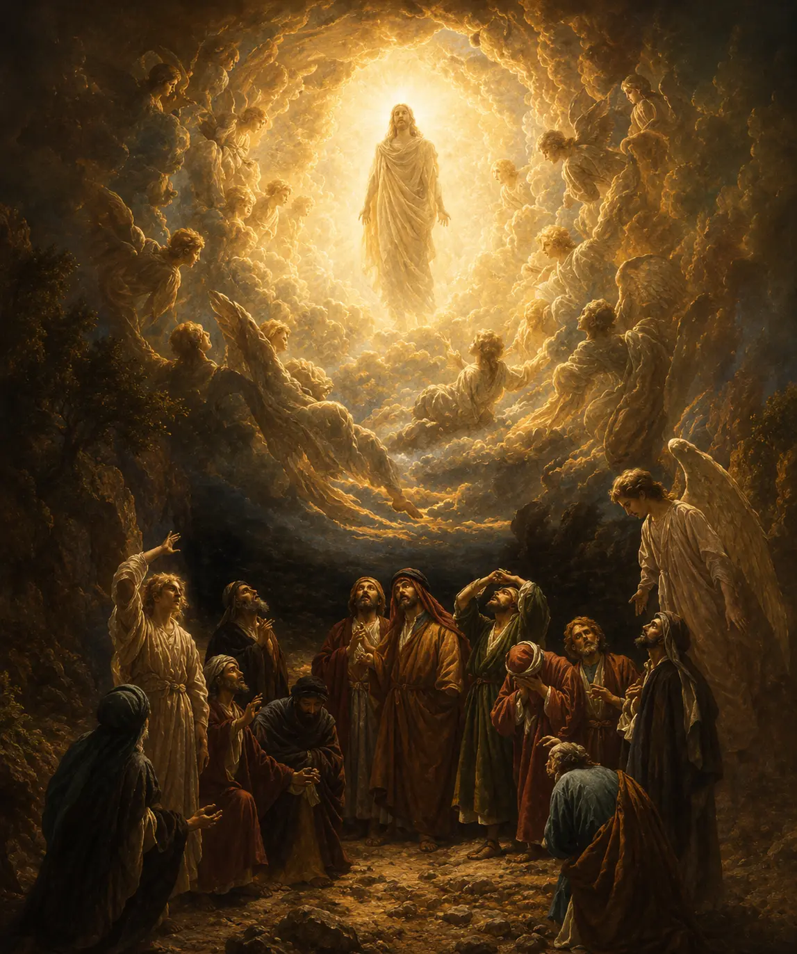Christ in glory appears within a luminous vortex of clouds while apostles and disciples look upward in awe