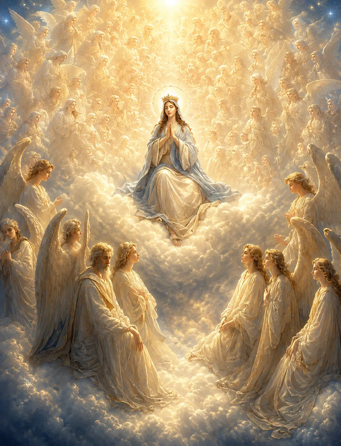The Blessed Virgin Mary enthroned among choirs of angels on billowing clouds, hands folded in prayer, crowned with stars
