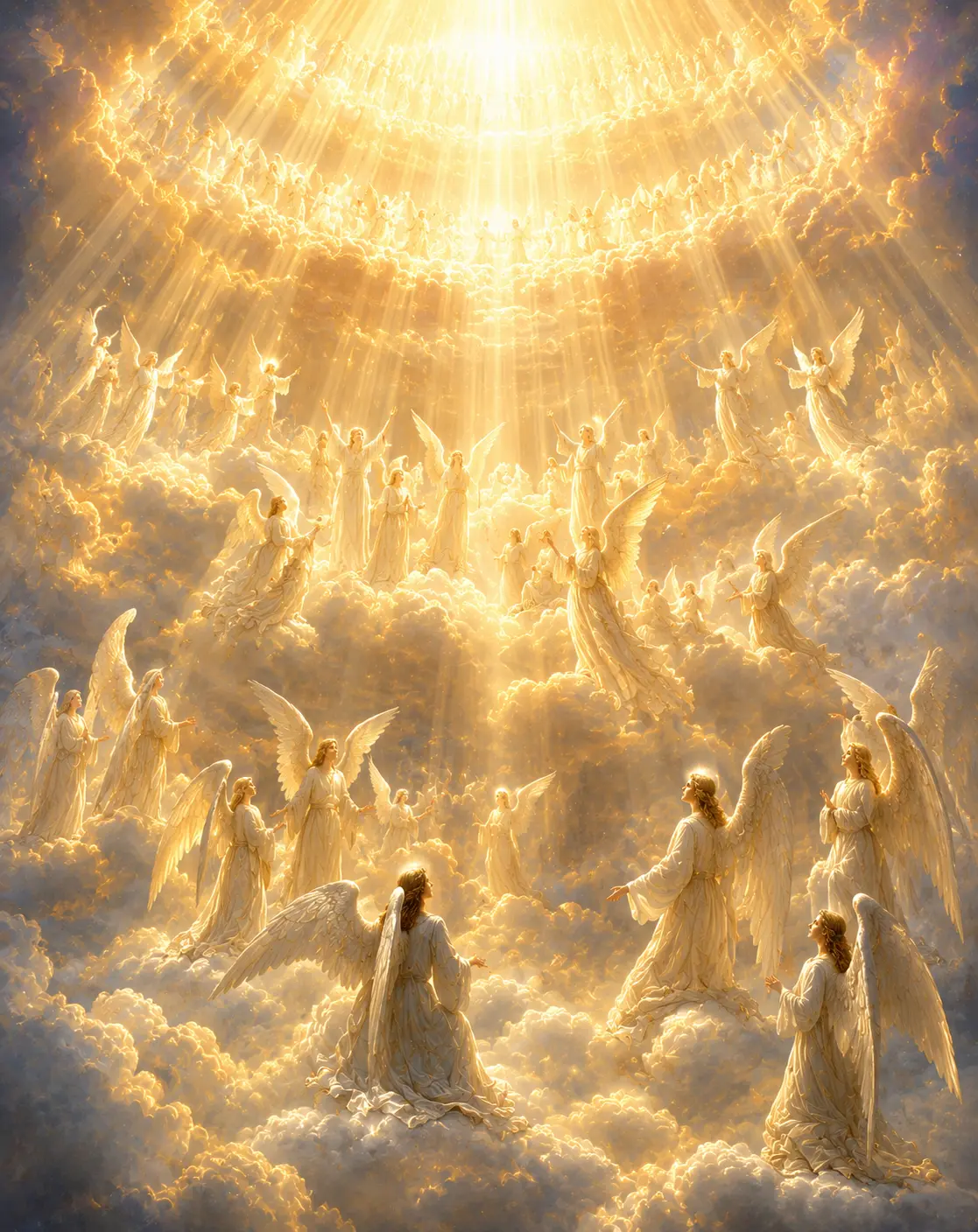 Ranks of angels ascend through golden clouds toward cascading rays of divine light from above