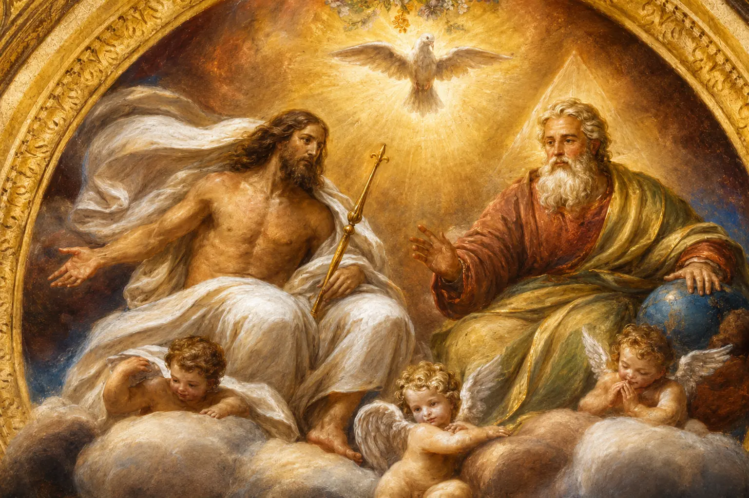 The Holy Trinity — Father, Son, and Holy Spirit as a dove — enthroned on clouds surrounded by cherubim