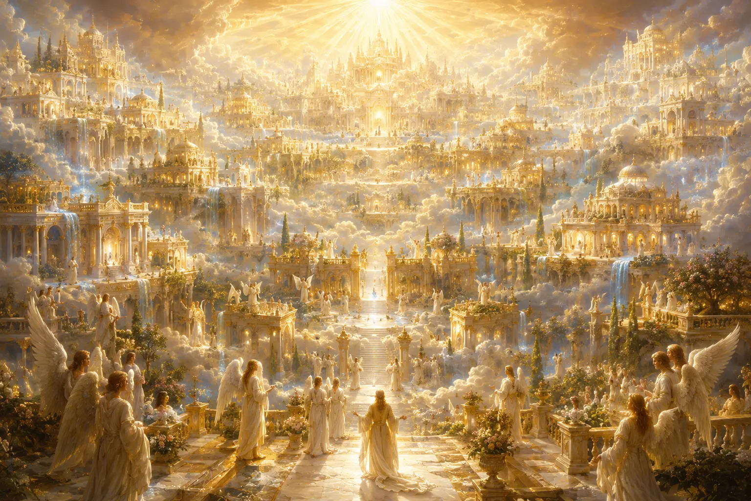 The heavenly Jerusalem — a vast golden city of palaces, gardens, and waterfalls rising through the clouds, angels and saints approaching