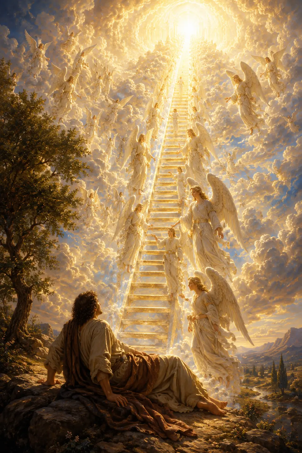 Jacob’s Ladder — a man reclines as angels ascend and descend a luminous stairway reaching into the heavens