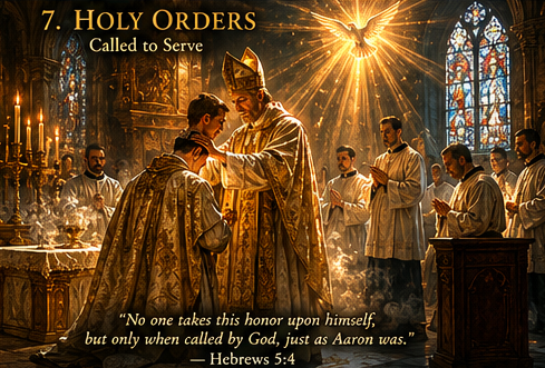 The Sacrament of Holy Orders — a bishop lays hands upon the head of a man being ordained