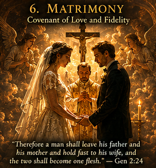 The Sacrament of Matrimony — a man and woman exchange vows before a priest at the altar