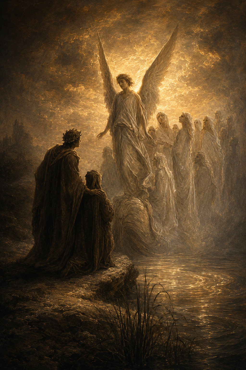 A pilgrim soul ascending through purifying light