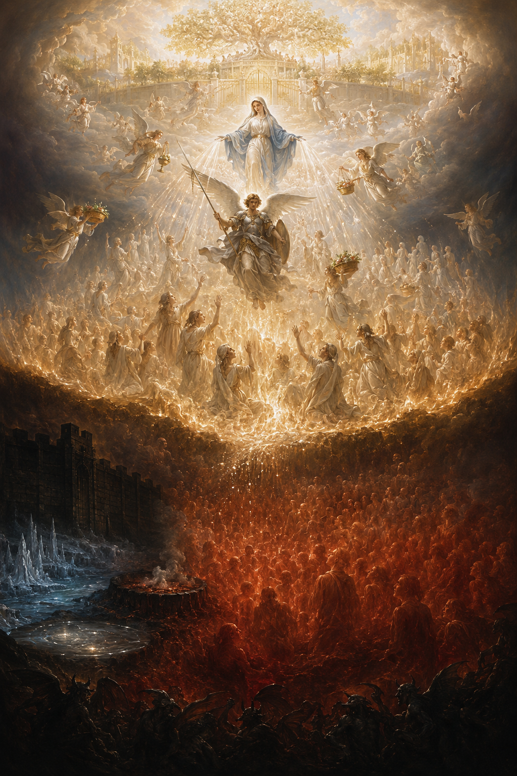 The Blessed Virgin Mary consoling souls in purgatory