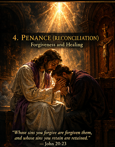 The Sacrament of Penance — a penitent confesses sins to a priest in the confessional
