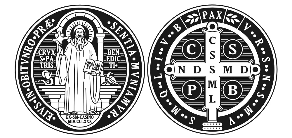 The St. Benedict Medal — showing St. Benedict of Nursia holding a cross and the Holy Rule on one side, and the Cross of St. Benedict surrounded by the Latin exorcism prayer initials on the reverse