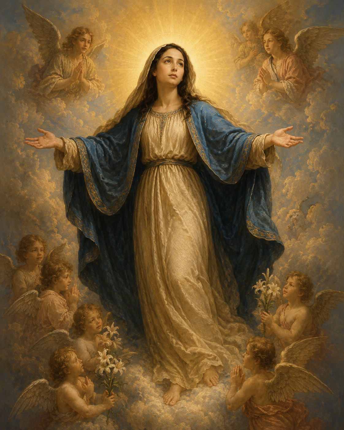 The Blessed Virgin Mary assumed into heaven, arms outstretched, robed in blue and gold, surrounded by angels amid radiant clouds