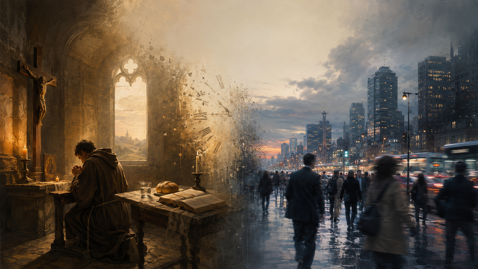 A monk at prayer before a candlelit altar on the left dissolves into a rain-slick modern city of commuters and glass towers on the right
